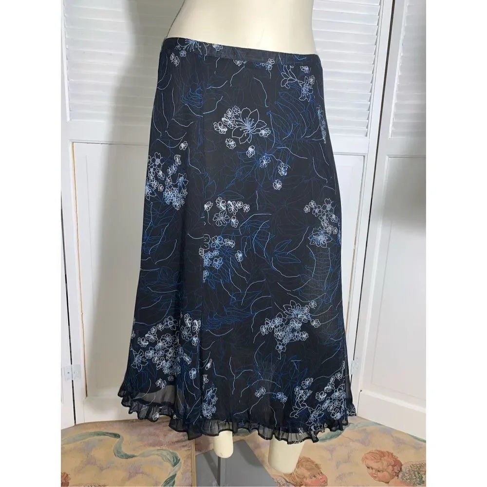 Vintage,‎ dark floral, double layered, sheer chiffon, midi skirt, size 12 ￼